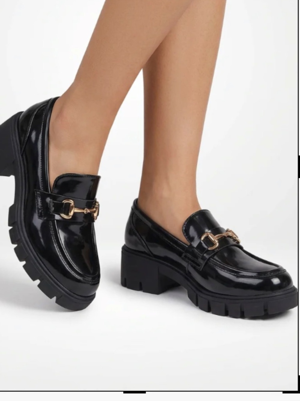Cult Avenue Black Patent Loafers with Gold Bit and Lug Sole